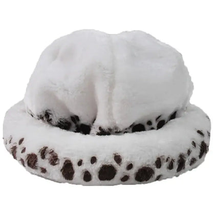 White plush pet bed with brown paw print pattern featured alongside trafalgar law cosplay hat for comfort and style
