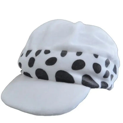 White plush trafalgar law cosplay hat with black polka dot brim inspired by one piece character