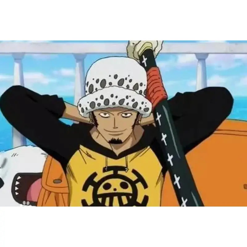 White hat with black polka dots worn by character in yellow hoodie featuring trafalgar law straw hat pirates cosplay hat