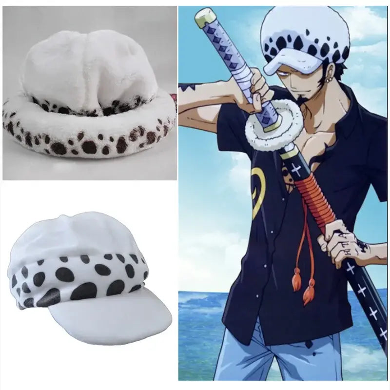 White trafalgar law cosplay hat with black spots and soft plush texture for one piece costume