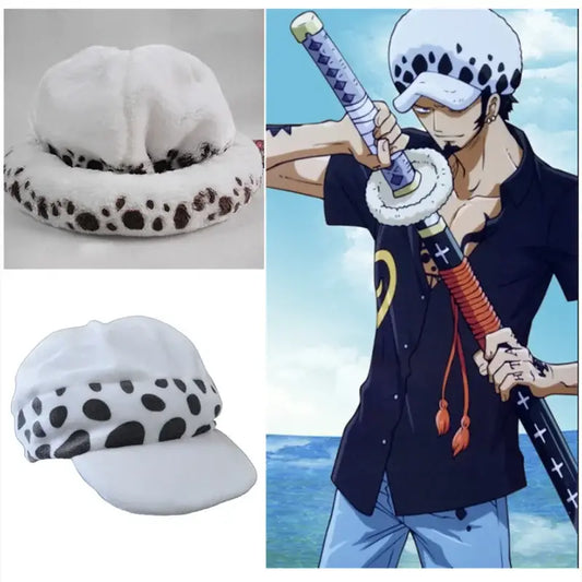 White trafalgar law cosplay hat with black spots and soft plush texture for one piece costume