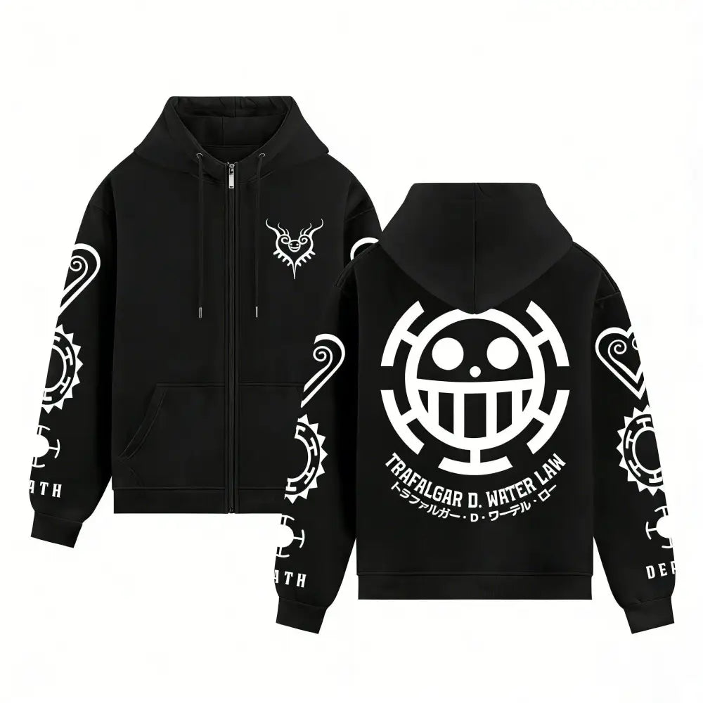Black zip up hoodie with white piece trafalgar law graphic prints featuring straw hat pirates emblem and character insignia