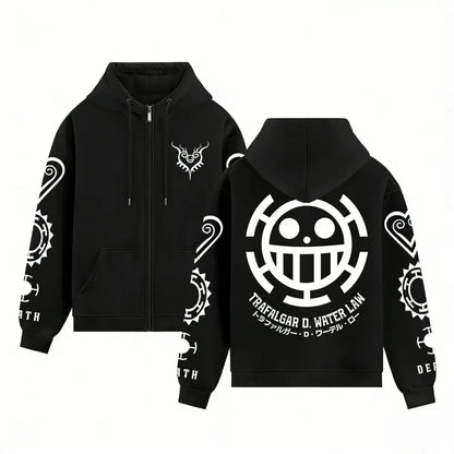 Black zip up hoodie with white piece trafalgar law graphic prints featuring straw hat pirates emblem and character insignia