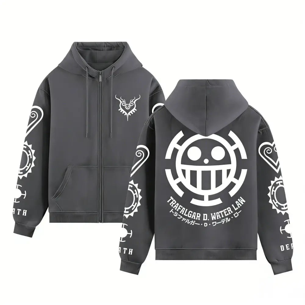 Dark gray zip up hoodie with white skull emblem and sleeve graphics featuring trafalgar law from one piece trafalgar law