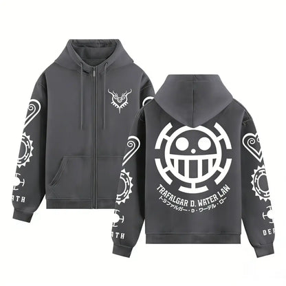 Dark gray zip up hoodie with white skull emblem and sleeve graphics featuring trafalgar law from one piece trafalgar law