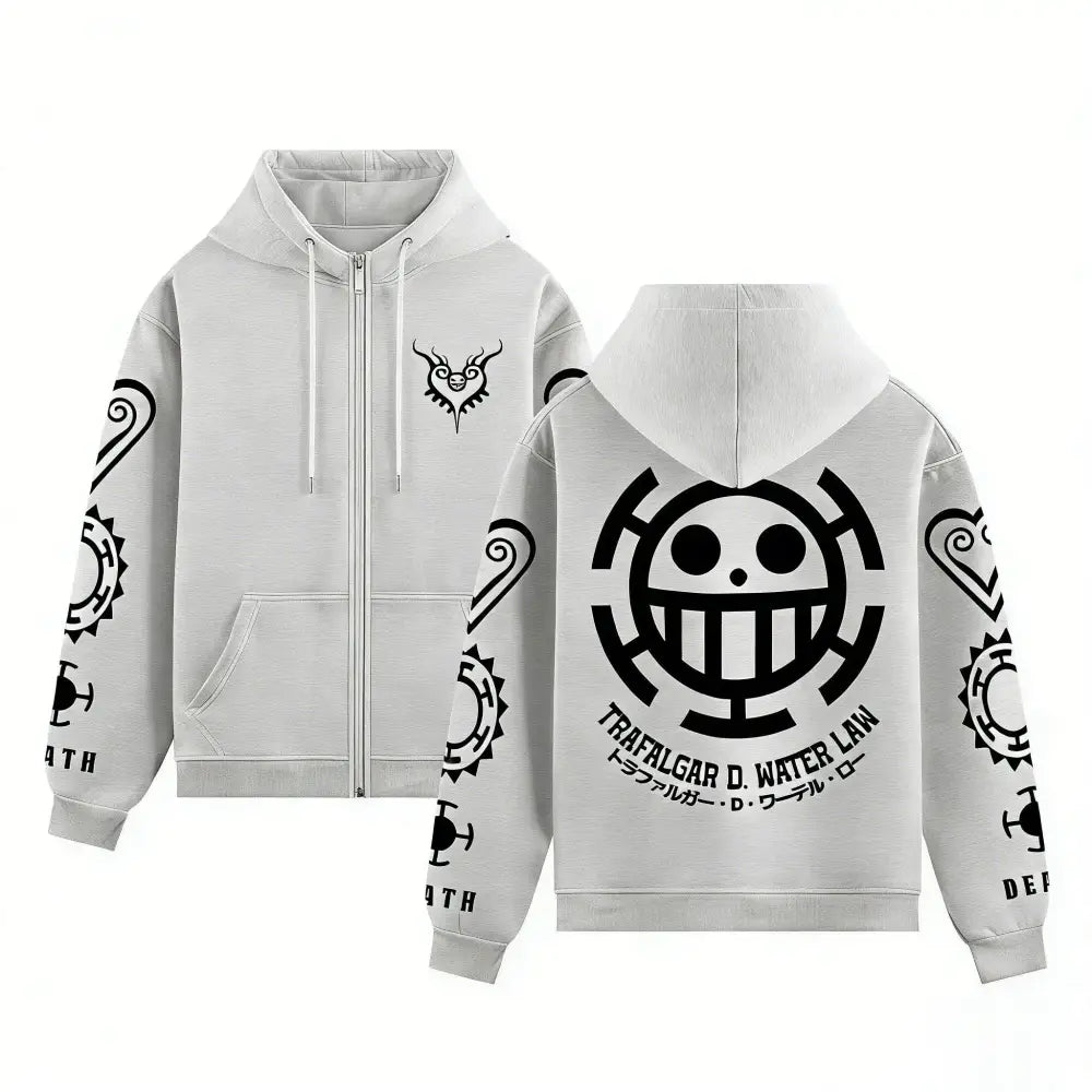 White zip up hoodie with black trafalgar law straw hat pirates logo and symbols in piece trafalgar streetwear style