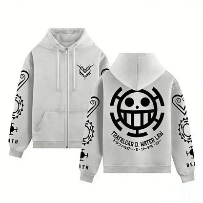 White zip up hoodie with black trafalgar law straw hat pirates logo and symbols in piece trafalgar streetwear style