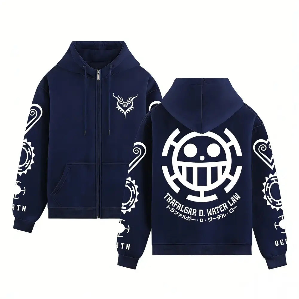 Navy blue zip up hoodie with white one piece trafalgar law graphic prints on back sleeves and chest streetwear style