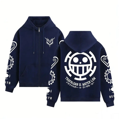 Navy blue zip up hoodie with white one piece trafalgar law graphic prints on back sleeves and chest streetwear style