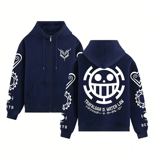 Navy blue zip up hoodie with white one piece trafalgar law graphic prints on back sleeves and chest streetwear style