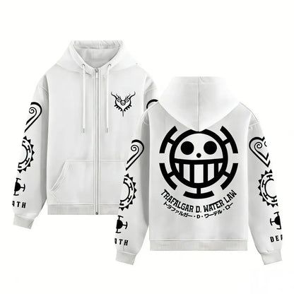 White zip up hoodie with black straw hat pirates logo and text featuring trafalgar law piece trafalgar law design