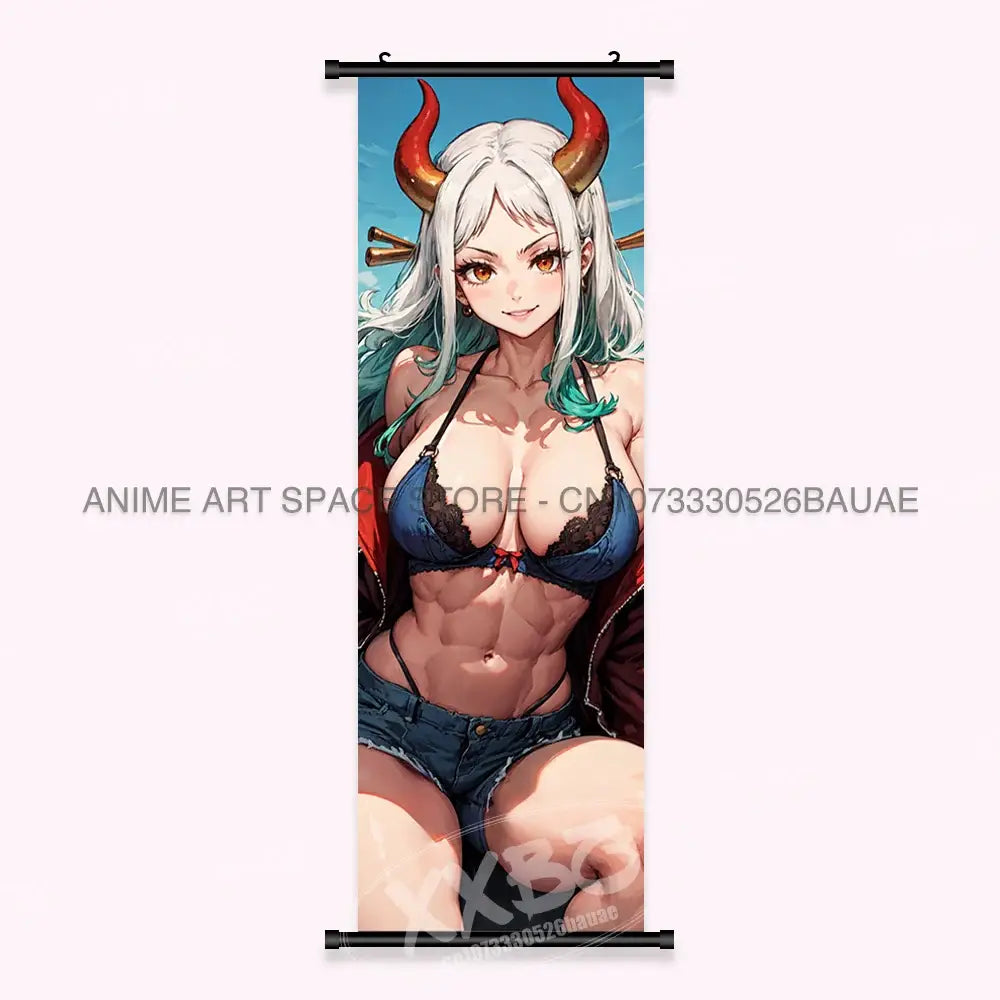 One piece yamato canvas poster featuring white hair character in blue lingerie and denim shorts wall art scroll