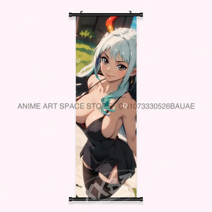 One piece yamato canvas poster featuring a vertical wall art scroll of a woman with light blue hair in black attire