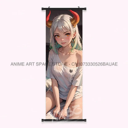 Vertical one piece yamato canvas poster featuring silver-haired woman with red and gold horns in off-shoulder top wall art scroll