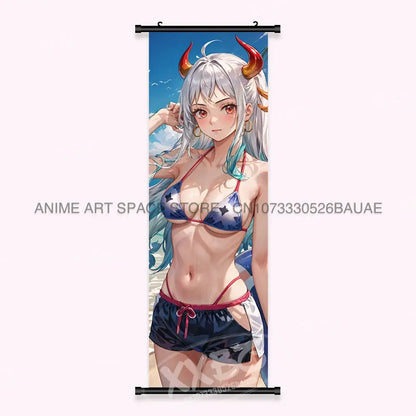 Vertical one piece yamato canvas poster featuring silver hair character in blue star bikini top wall art scroll