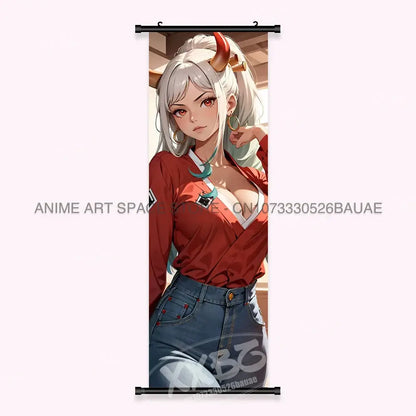 One piece yamato canvas poster wall art scroll featuring a silver-haired figure with red horns in crimson jacket and jeans