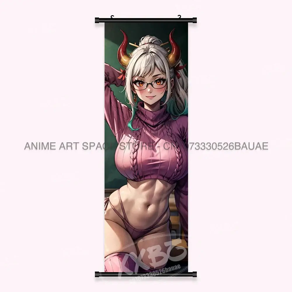 Vertical anime-style wall art scroll featuring yamato with silver hair red horns and glasses in purple bra top piece yamato canvas poster
