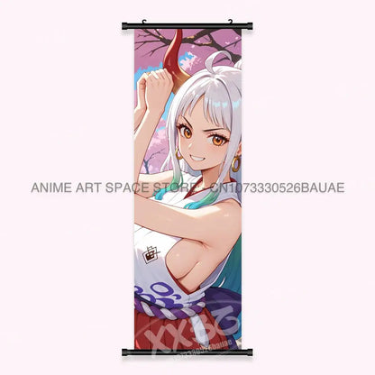 One piece yamato canvas poster featuring silver hair character with orange eyes on a vertical wall art scroll