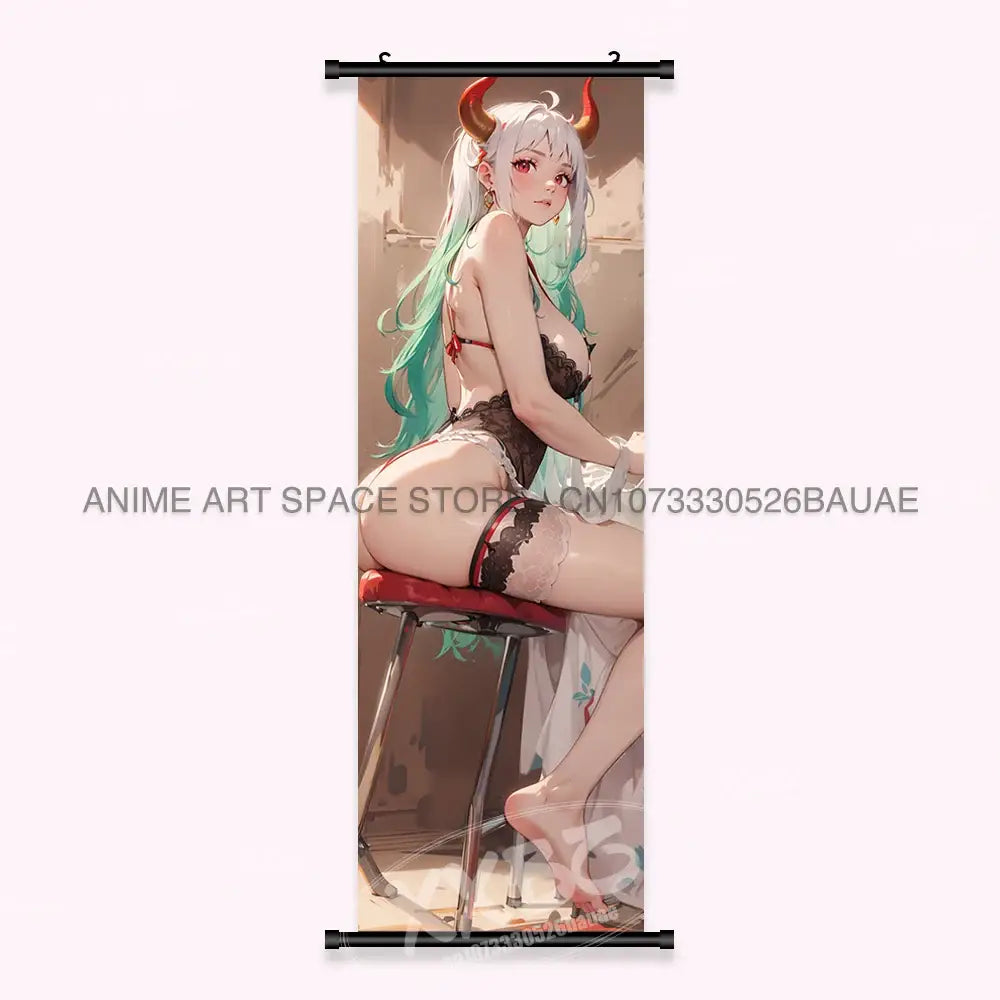 One piece yamato canvas poster wall art scroll of a character with long white and teal hair and black lace lingerie