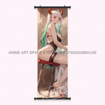 One piece yamato canvas poster wall art scroll of a character with long white and teal hair and black lace lingerie