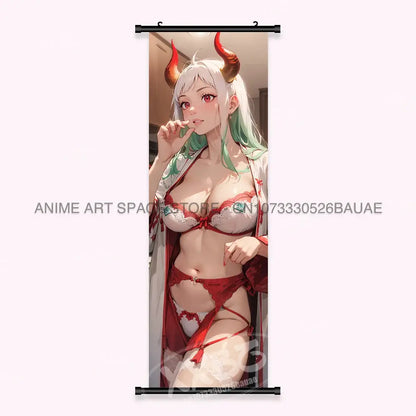 Vertical anime-style one piece yamato canvas poster wall art scroll featuring yamato with white green hair red horns and red lingerie