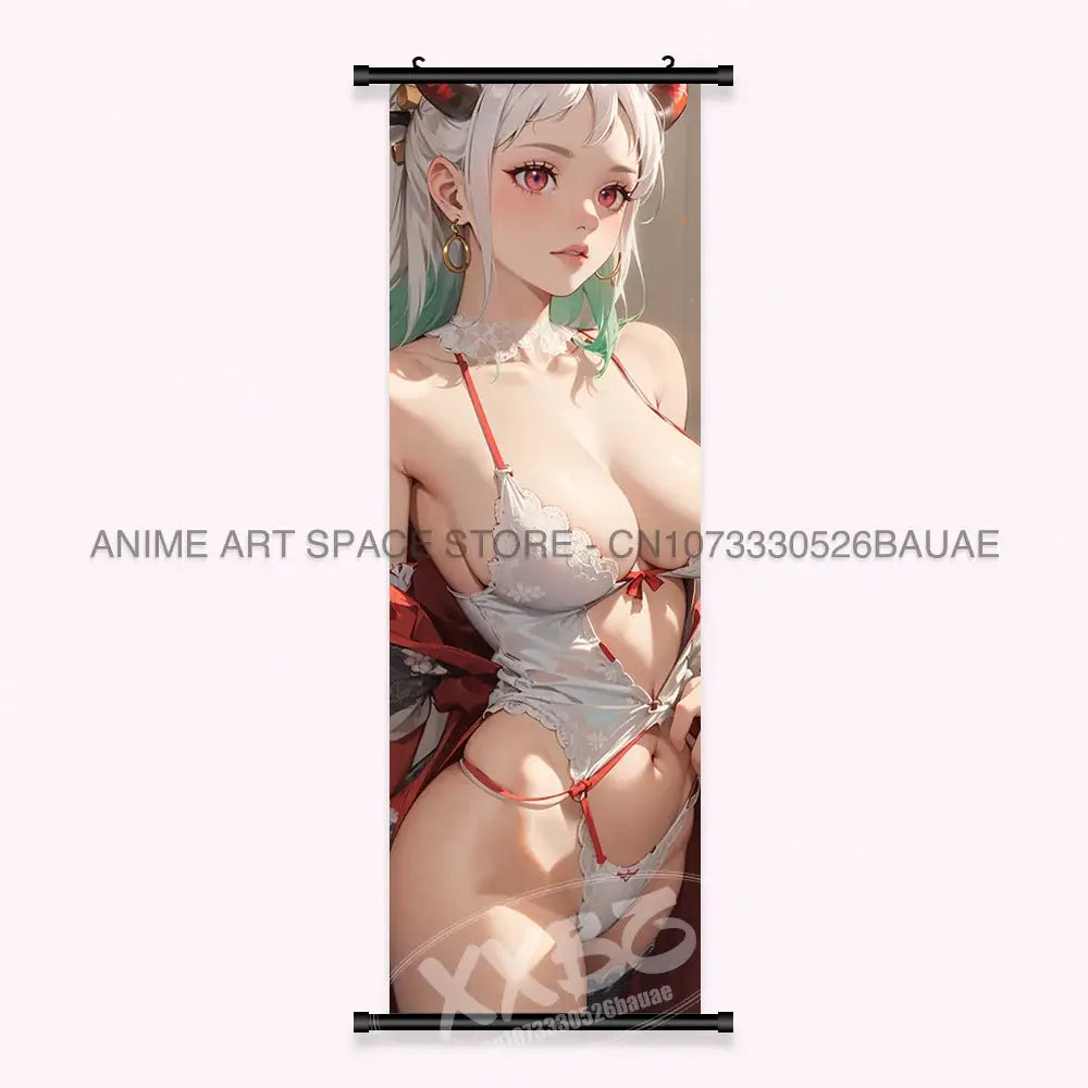 One piece yamato canvas poster wall art scroll featuring silver hair yamato in white lace lingerie with red straps
