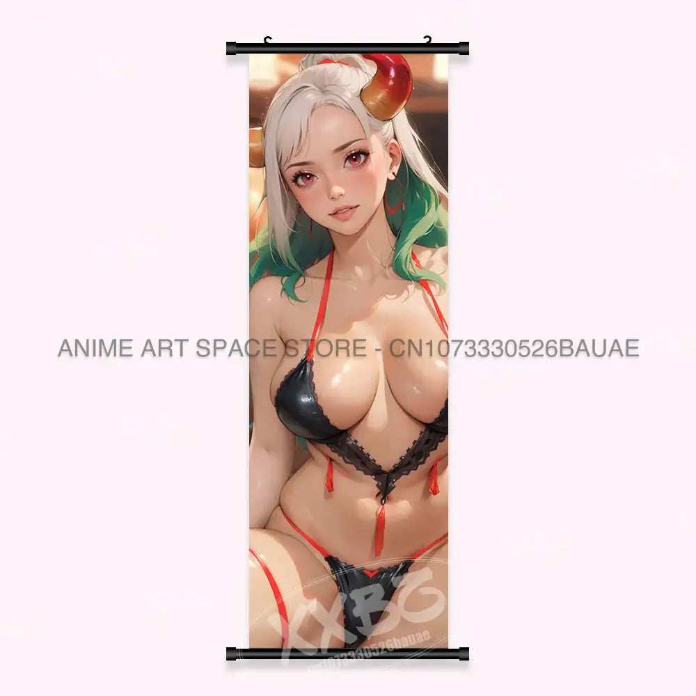 Vertical one piece yamato canvas poster wall art scroll featuring character with silver green hair in black lace lingerie