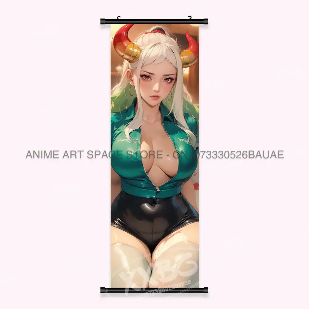 Vertical one piece yamato canvas poster wall art scroll featuring white hair character with red gold horns and shiny green top