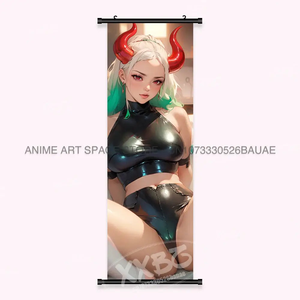 Vertical anime-style one piece yamato canvas poster wall art scroll with white and green hair character in black latex outfit