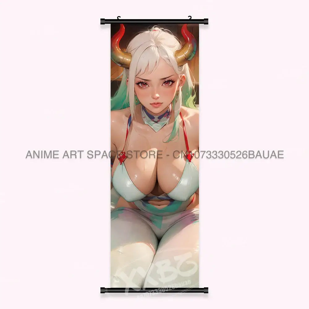 One Piece Yamato canvas poster wall art scroll with white hair character and rainbow horns in light blue bikini top