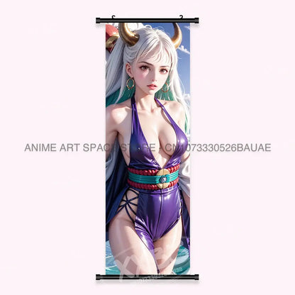 One piece yamato canvas poster wall art featuring a character in a purple glossy swimsuit with teal and red belt accents