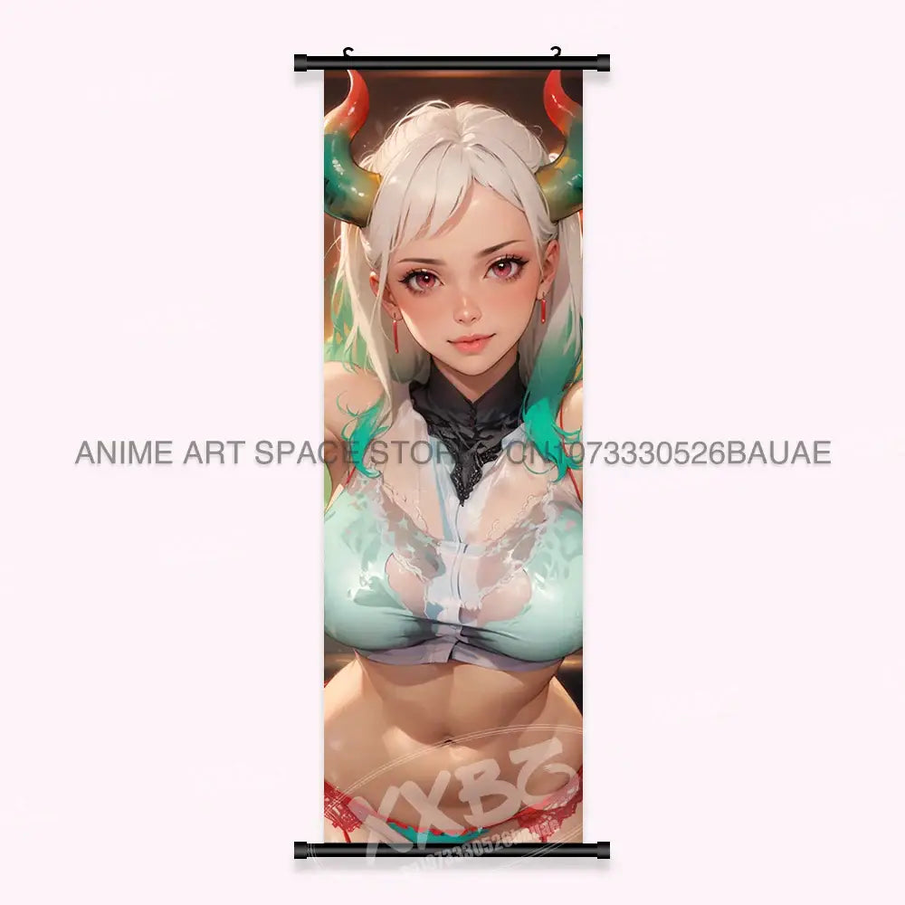 One Piece Yamato canvas poster wall art scroll featuring anime character with white hair and green red horns