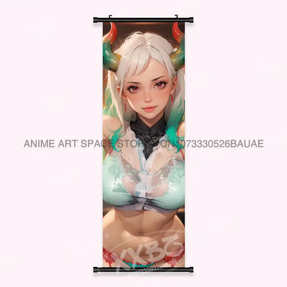 One Piece Yamato canvas poster wall art scroll featuring anime character with white hair and green red horns
