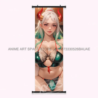 One piece yamato canvas poster wall art scroll featuring anime character with white green hair red horns in green lace outfit