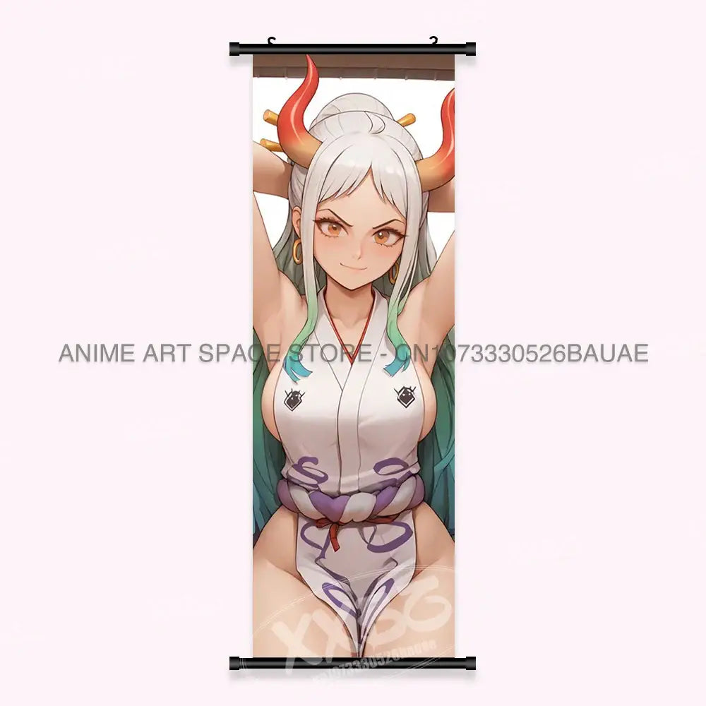 One piece yamato canvas poster wall art scroll featuring a silver haired anime figure with orange horns in traditional attire