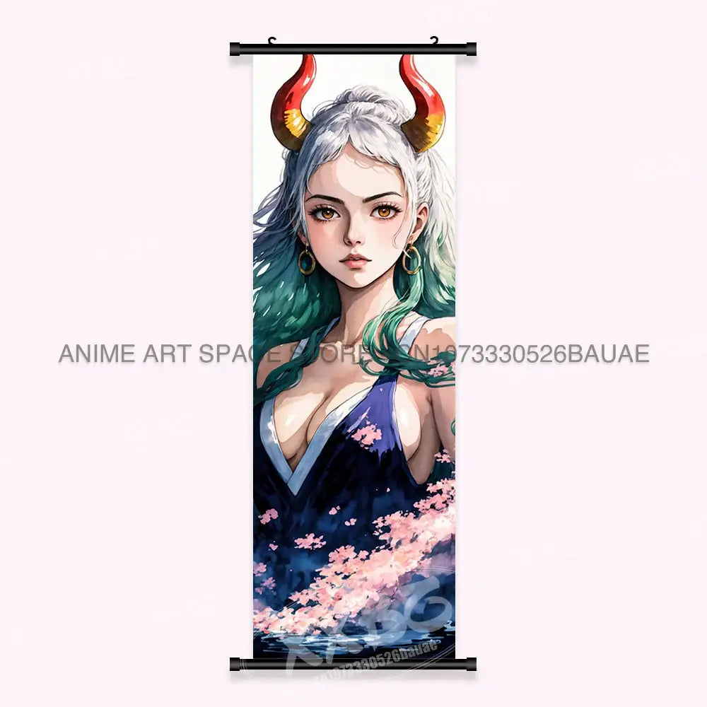 One piece yamato canvas poster wall art scroll featuring silver hair character with red and gold horns in floral dress