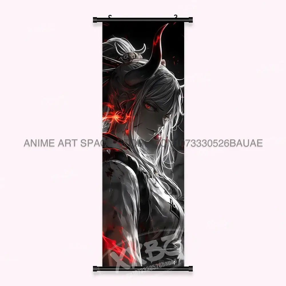 Black and red one piece yamato canvas poster featuring a demonic figure with glowing eyes and fiery accents wall art scroll