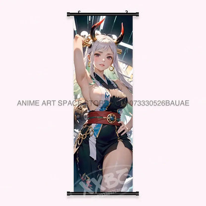 One piece yamato canvas poster wall art scroll featuring a silver-haired figure with golden horns in black and blue attire