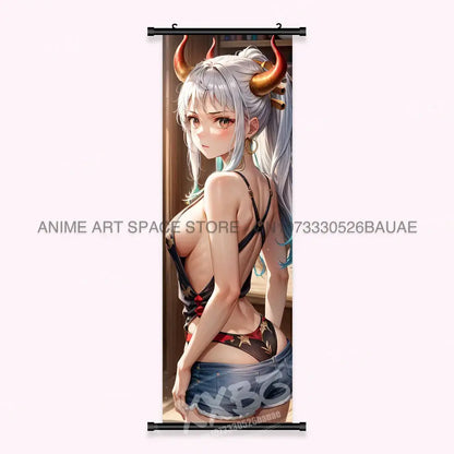 One piece yamato canvas poster featuring a silver-haired character in black and red lingerie with denim shorts wall art scroll