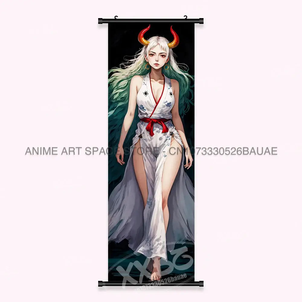 One Piece Yamato canvas poster wall art scroll featuring a character with long white and green hair in a white robe
