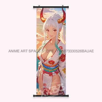 One piece yamato canvas poster wall art scroll featuring white-haired yamato with red horns in floral kimono