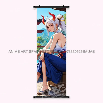 One piece yamato canvas poster featuring white hair character with red horns in blue garment wall art scroll