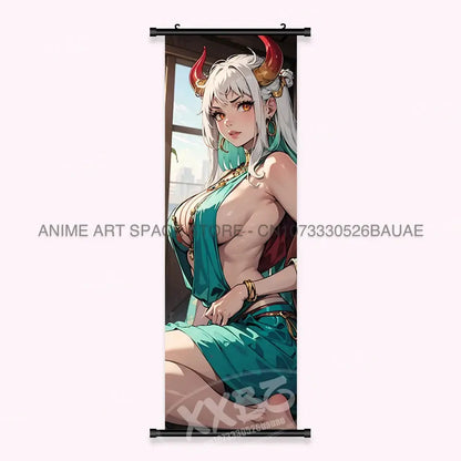 One piece yamato canvas poster wall art scroll featuring white hair character with red horns in teal attire