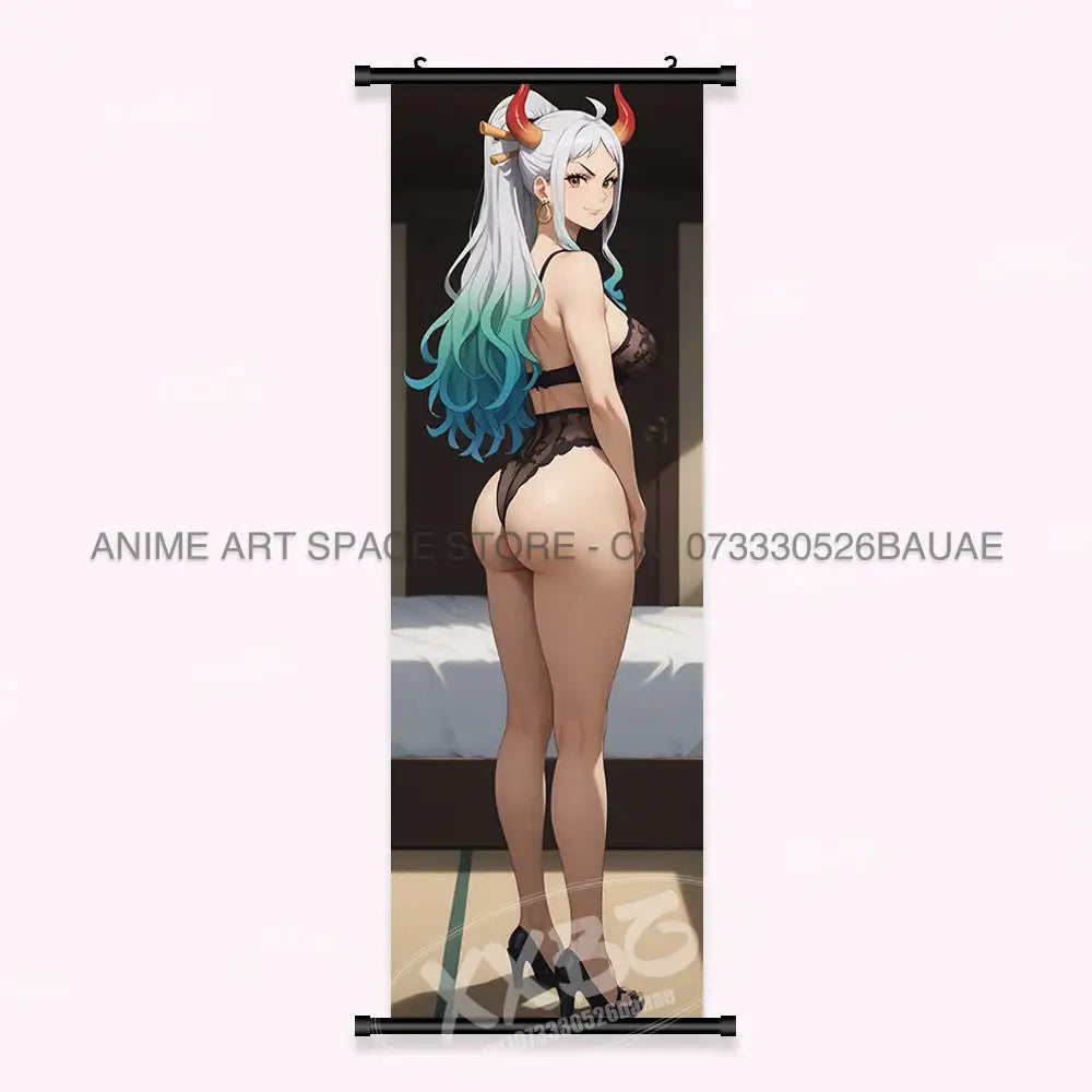 One piece yamato canvas poster wall art scroll featuring a character with silver teal hair and black lace lingerie