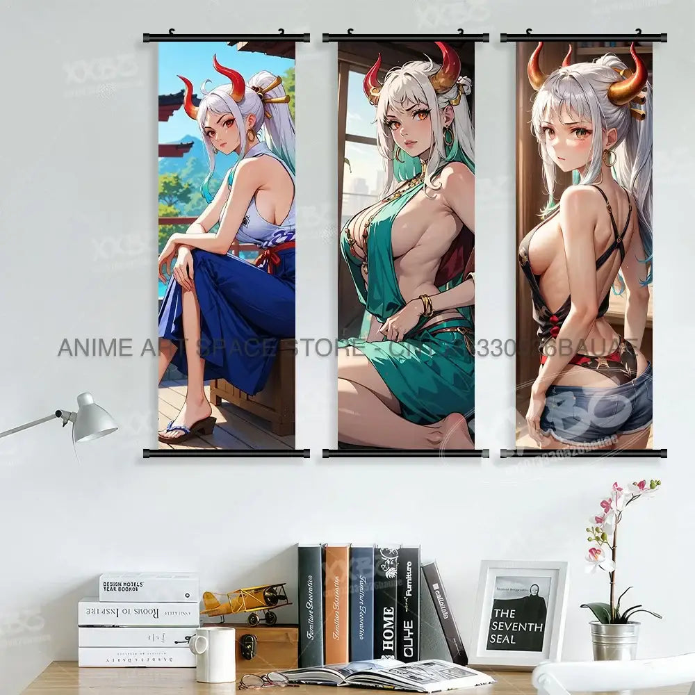 Set of three anime-style One Piece Yamato canvas poster wall art scrolls with horned character and black metal rods
