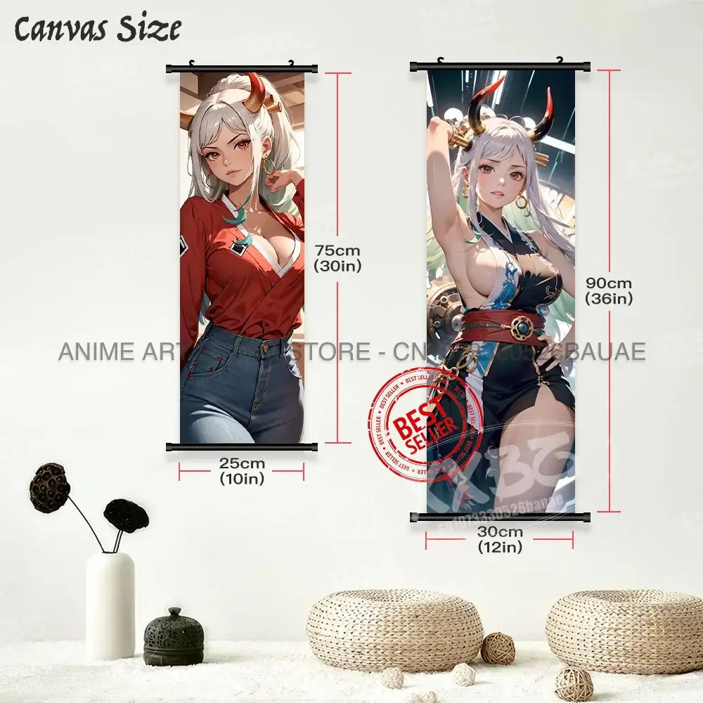 Two anime style canvas wall art scrolls featuring one piece yamato canvas poster with red and black horned characters