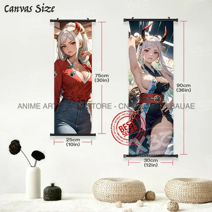 Two anime style canvas wall art scrolls featuring one piece yamato canvas poster with red and black horned characters