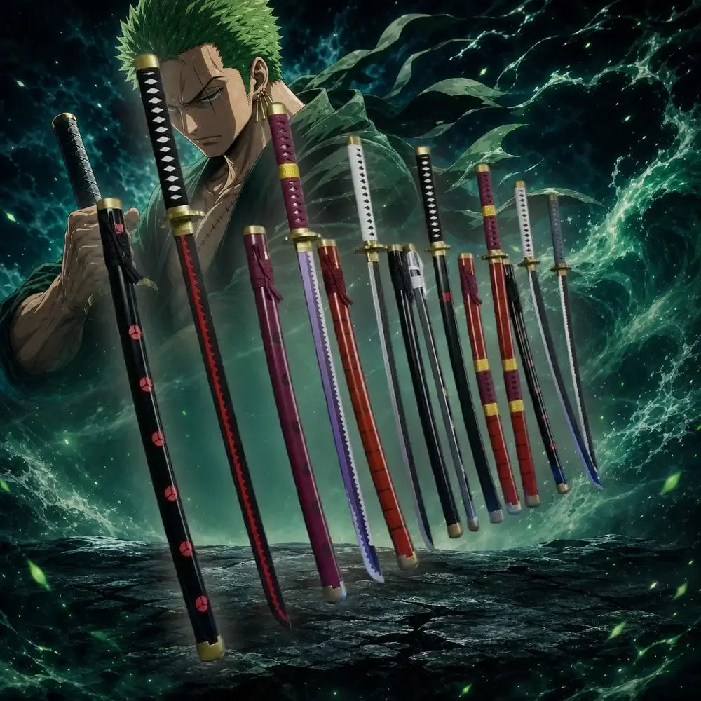 A collection of one piece zoro katana swords with vibrant colorful scabbards and detailed hilts cosplay prop