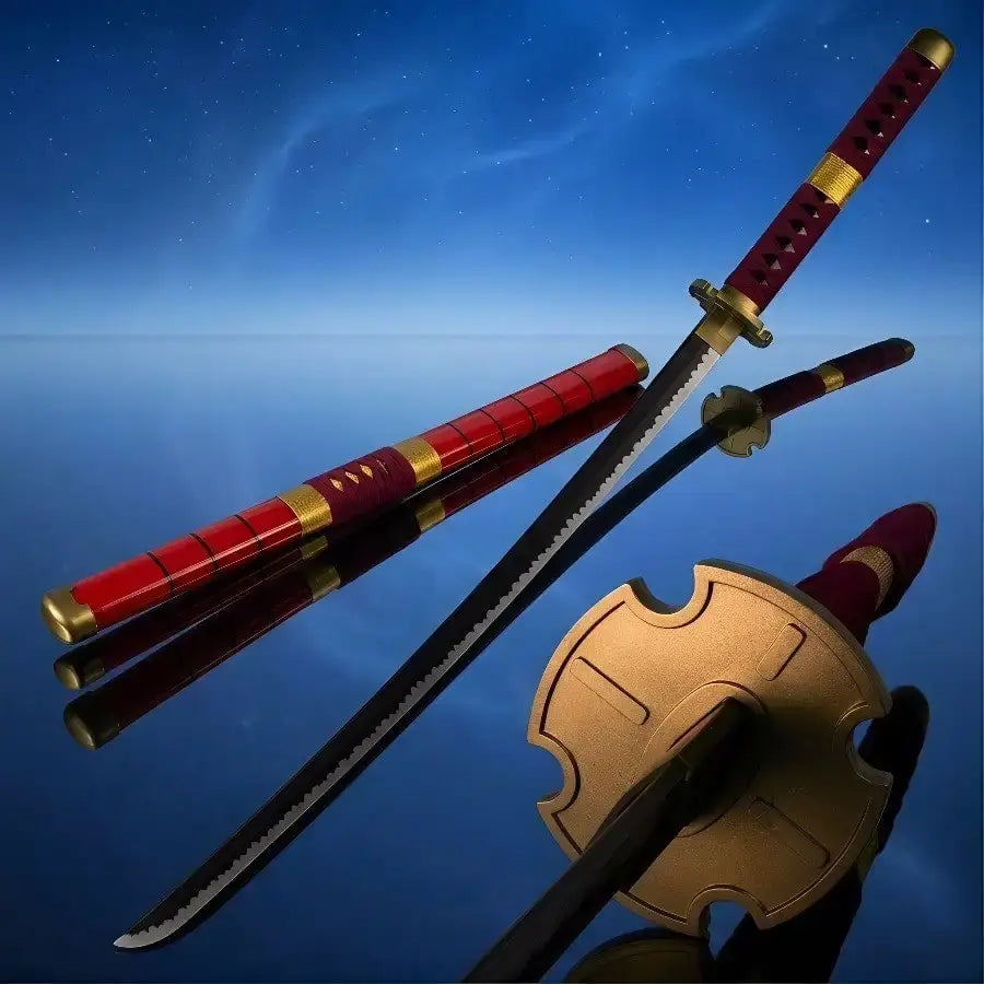 One piece zoro katana sword 40 inch wood bamboo cosplay prop with red gold handle black blade and intricate golden accents