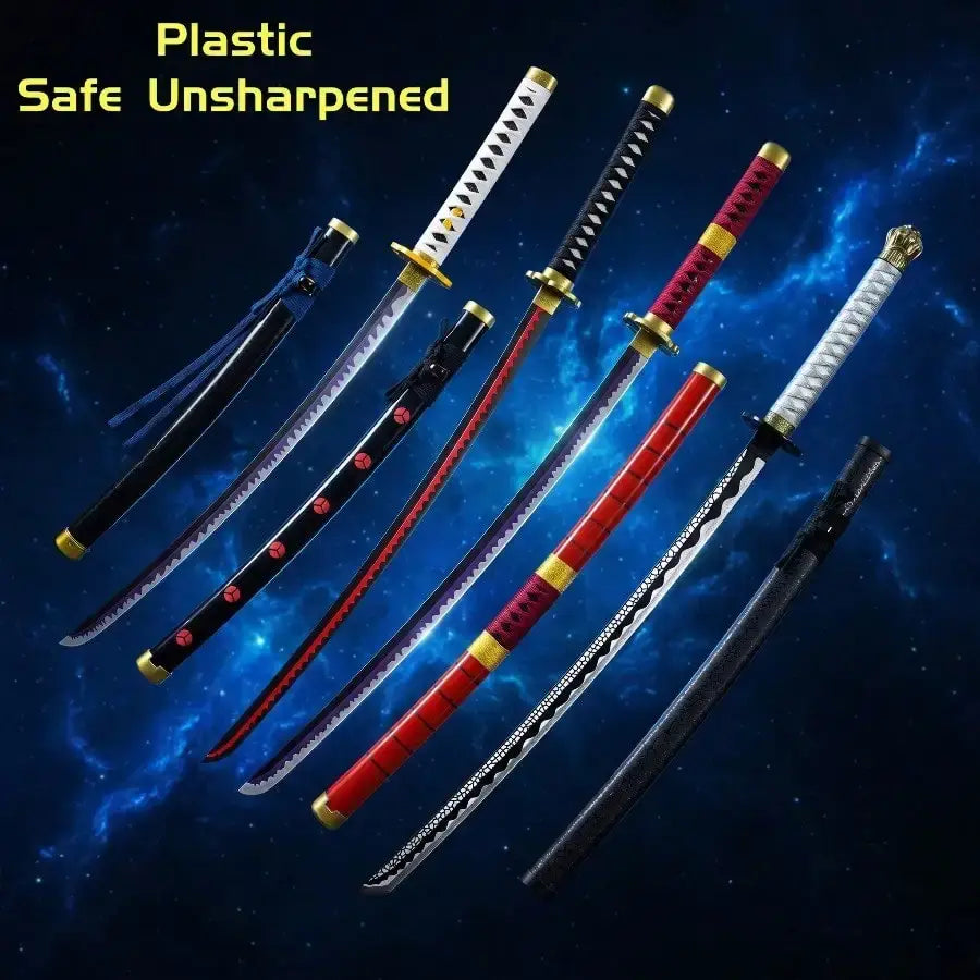 Set of six plastic unsharpened One Piece Zoro katana swords with colorful hilts and gold accents cosplay prop
